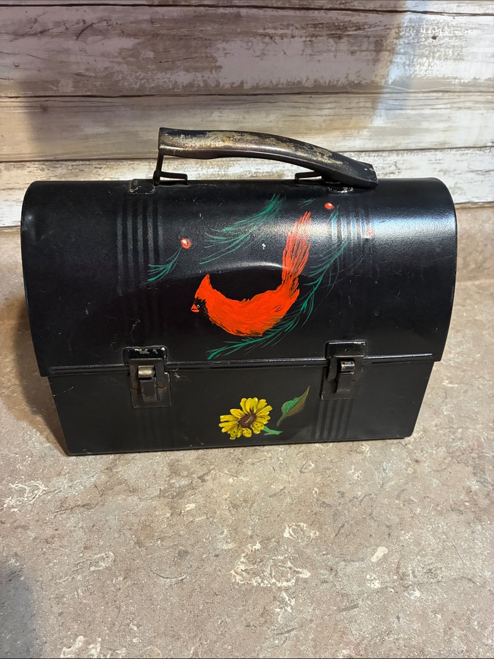 Whimsical Black Hand-Painted Metal Tote Bag with Red Cardinal and Yellow Flower
